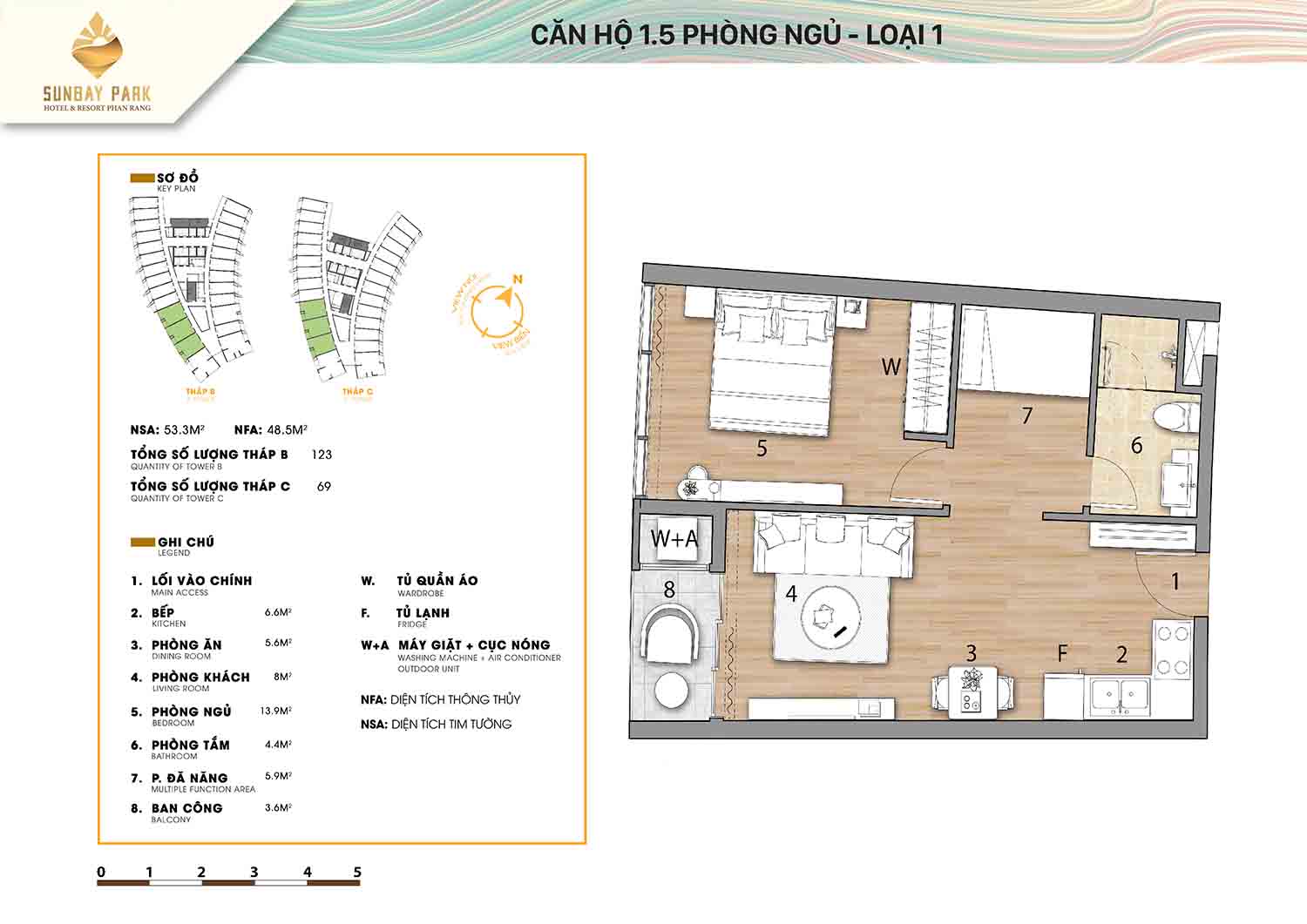 Thiết kế căn hộ 1,5 phòng ngủ 53m2 dự án Sunbay Park Phan Rang Ninh Thuận