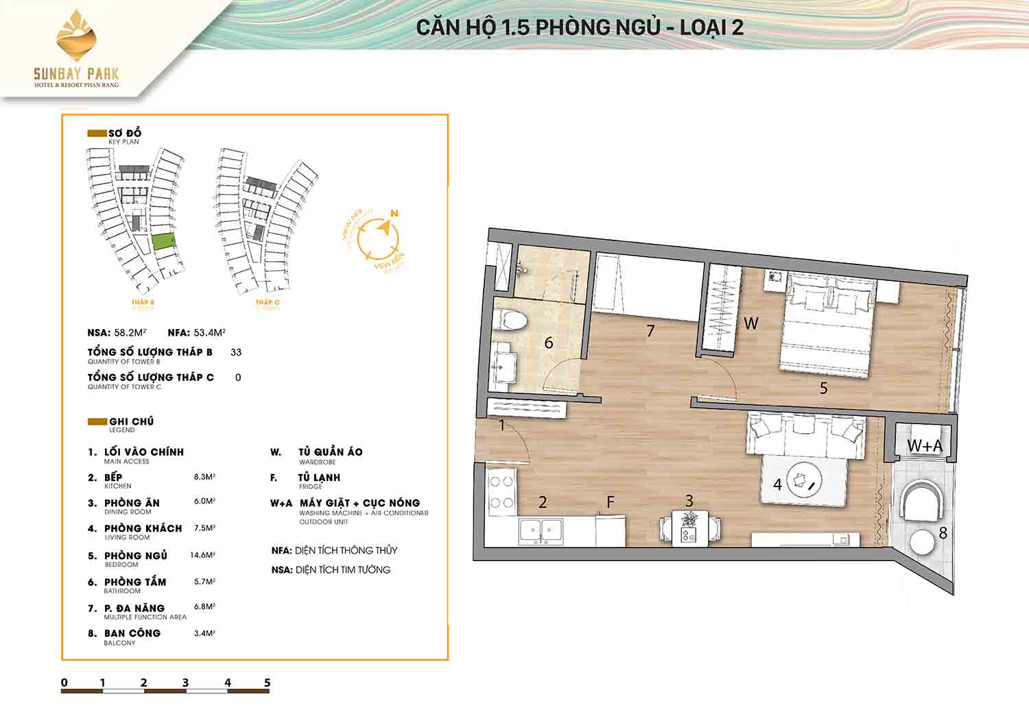 Thiết kế căn hộ 1,5 phòng ngủ 58m2 dự án Sunbay Park Phan Rang Ninh Thuận